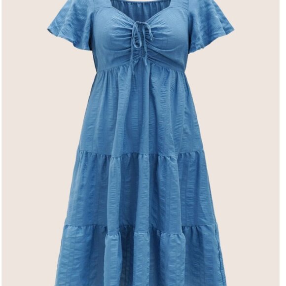 BloomChic Plus Size Plain Ruched Drawstring Pocket Ruffle Tiered Dress - Picture 5 of 6